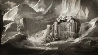 Official narrative illustration of an ancient icy sanctuary
