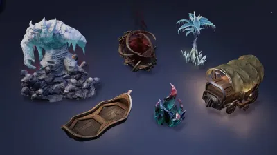 Official environment prop studies including a chest and collected objects
